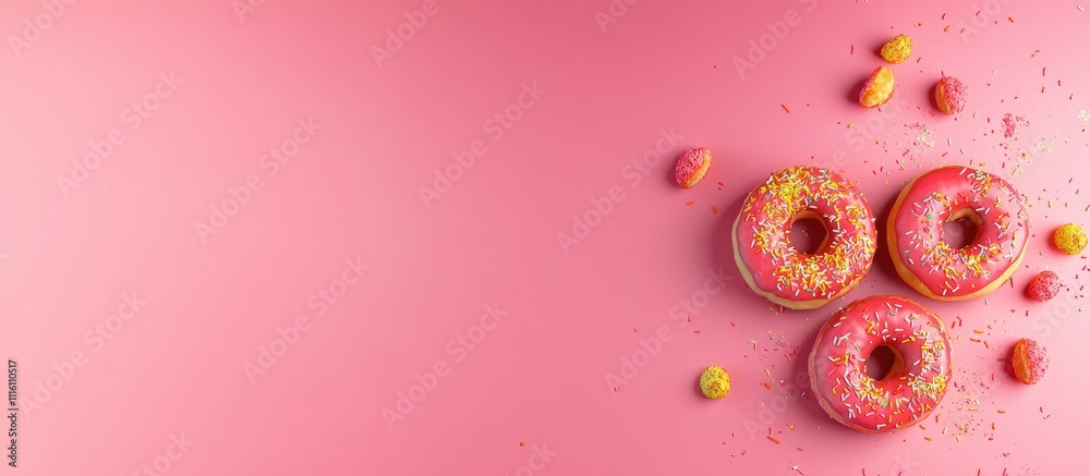 Poster aerial view of colorful donuts on a soft pink background with ample copy space for marketing or prom