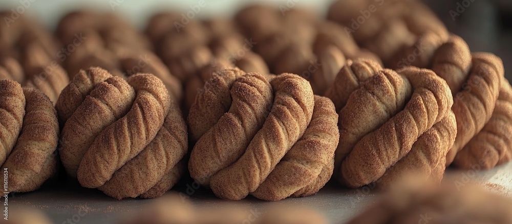 Poster freshly baked cinnamon twist cookies arranged in rows, showcasing their intricate knot shape and gol