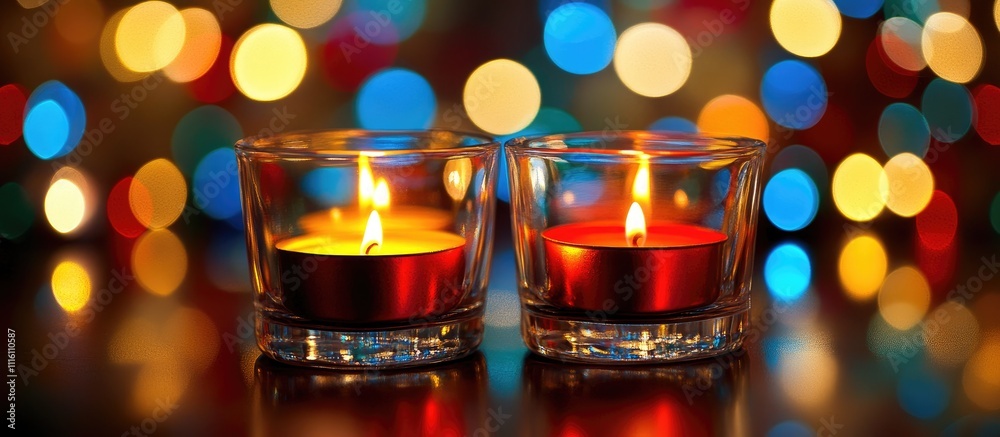 Poster candles in glass cups with vibrant bokeh lights creating a warm and inviting atmosphere for relaxati