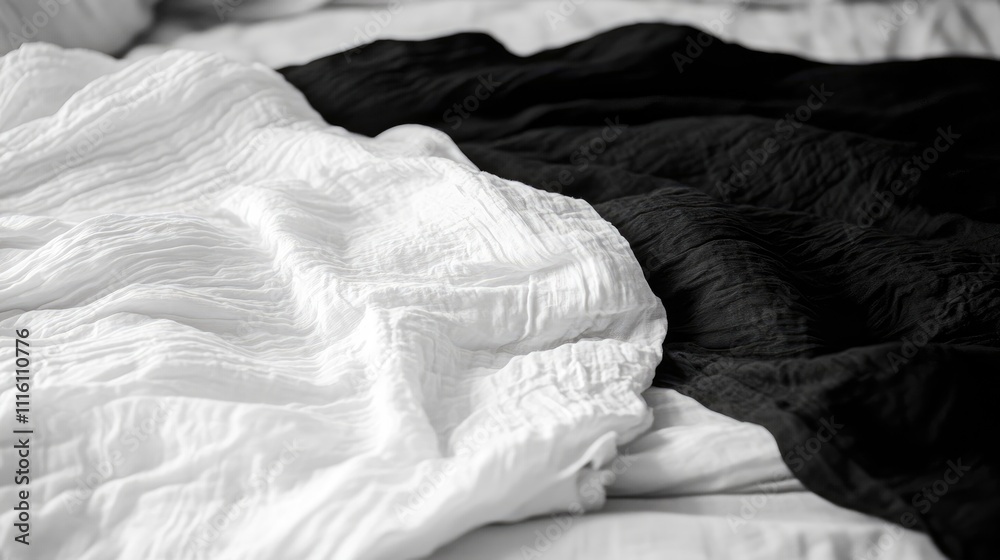 Aufkleber Textured black and white wrinkled sheets creating an abstract pattern on a soft bed surface in a monochromatic style