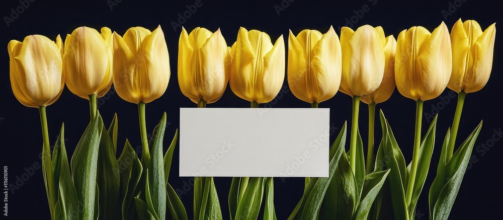 Aufkleber yellow tulip bouquet with a blank card on dark background ideal for personalized messages or invitat