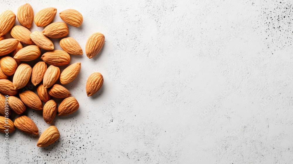 Poster almond nuts scattered on a textured white surface highlighting their natural color and shape perfect
