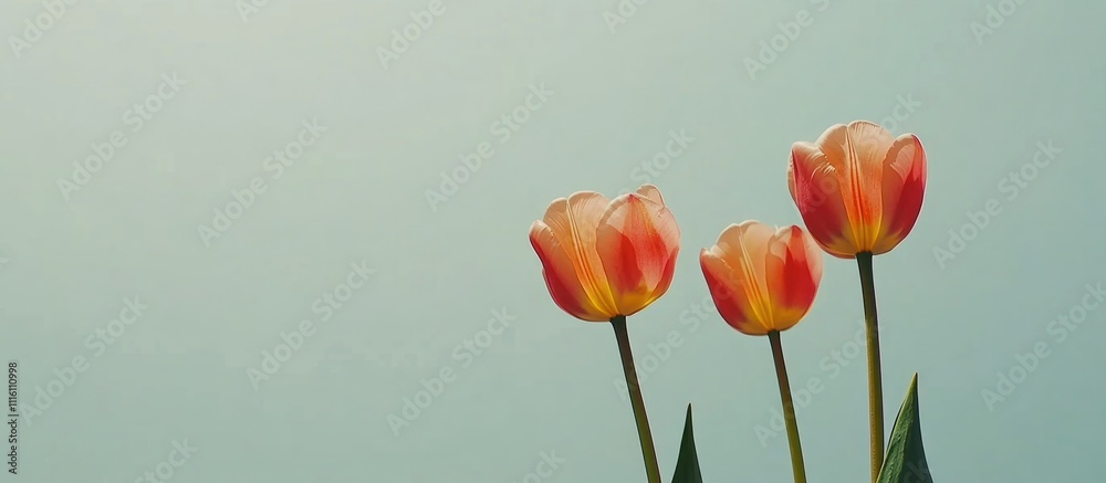 Poster bouquet of vibrant pink tulips on a soft blue background with selective focus and ample copy space f