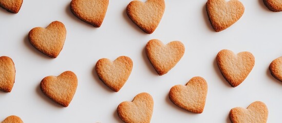 Heart shaped cookies arranged on a clean white background perfect for Valentine's Day or festive celebrations showcasing delightful sweetness