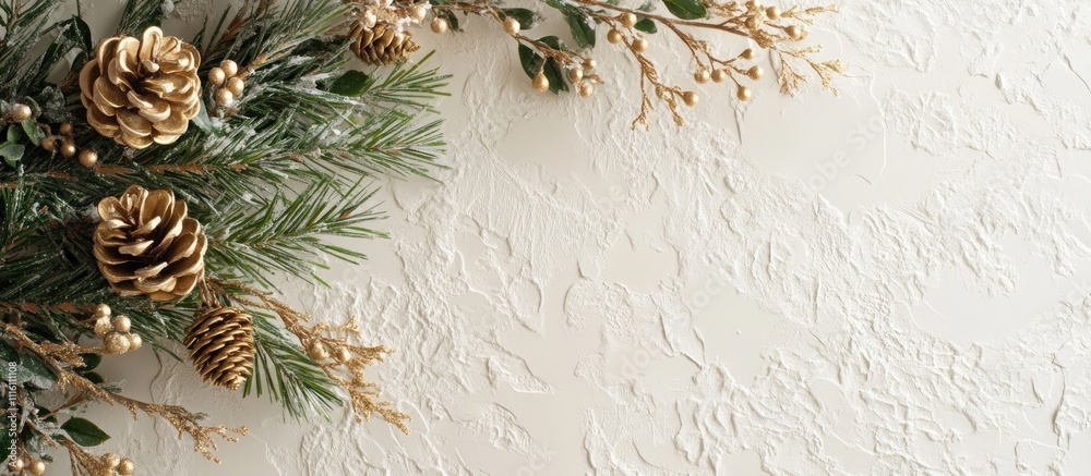 Poster christmas gold pine cones and fir tree branches on a white textured background festive arrangement s