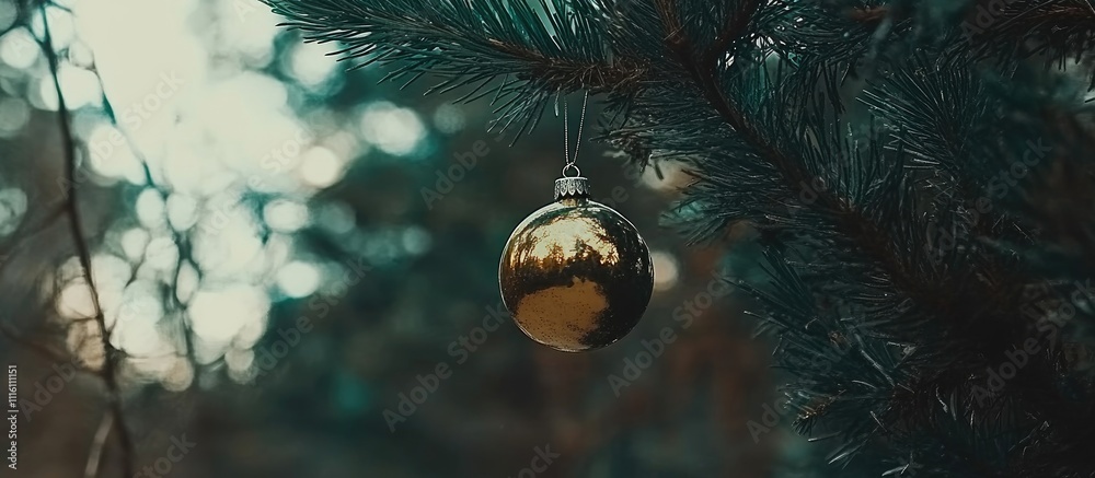 Poster golden bokeh christmas background with silver ornament hanging from a pine tree branch