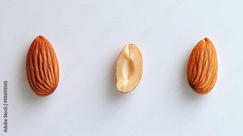 Poster Almond nuts in their shells and a sliced almond displayed on a white background showcasing texture and natural organic food elements