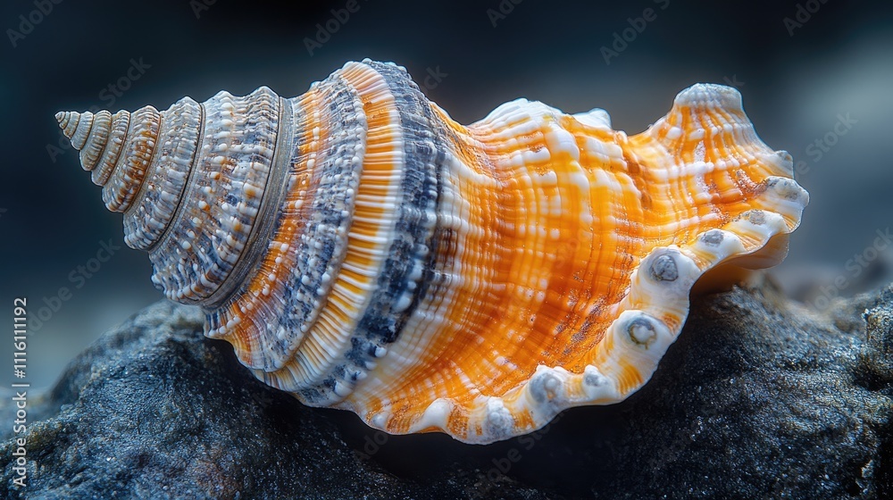 Poster Vibrant seashell showcasing intricate colors and textures illuminated against a dark background for a striking visual impact
