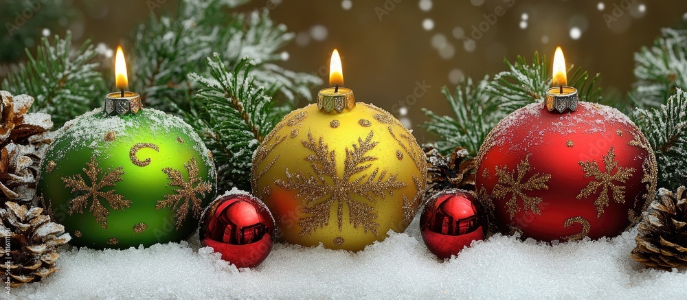 Poster advent candles with festive ornaments surrounded by snow and pine cones creating a warm holiday atmo