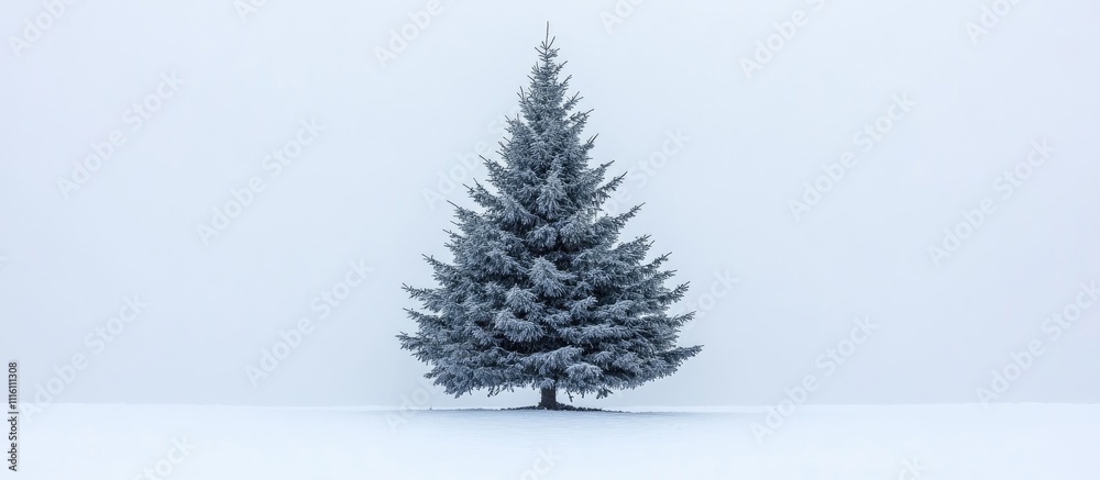 Poster snow-covered coniferous spruce tree standing alone in a serene winter landscape with a soft gray sky