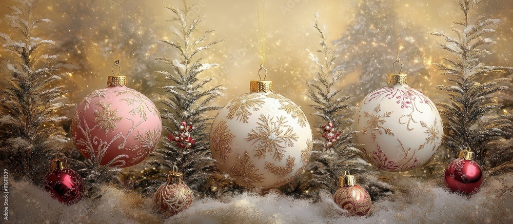Poster elegant pink and gold christmas ornaments displayed against a shimmering golden backdrop with soft f