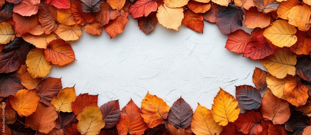 Poster Autumn leaf border on white background flat lay view with ample space for seasonal text or design elements