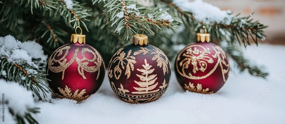 Poster festive christmas ornaments on snow-covered fir tree branches creating a warm and joyful holiday atm
