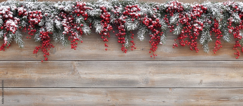 Poster christmas flat lay with snow-dusted fir branches and red berries on a rustic wooden background for f