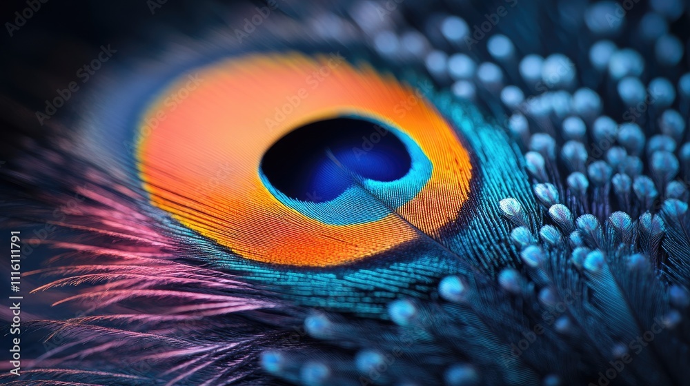 Poster Close up of vibrant peacock feather displaying intricate patterns and vivid colors highlighting the beauty of nature and avian art.