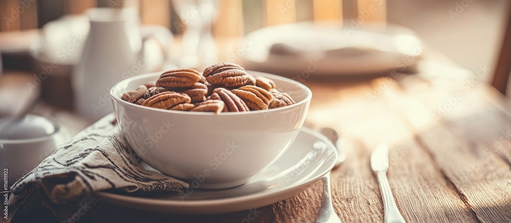 Poster aesthetic bowl of pecans elegantly arranged on a rustic table setting with soft natural light and co