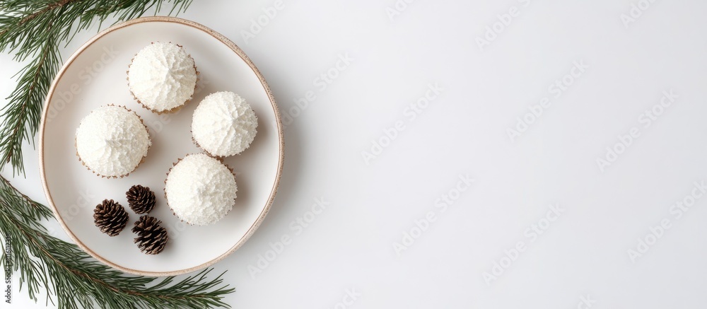 Aufkleber Festive cupcakes on a plate surrounded by fir branches and pine cones creating a holiday wreath effect on a minimalistic white background