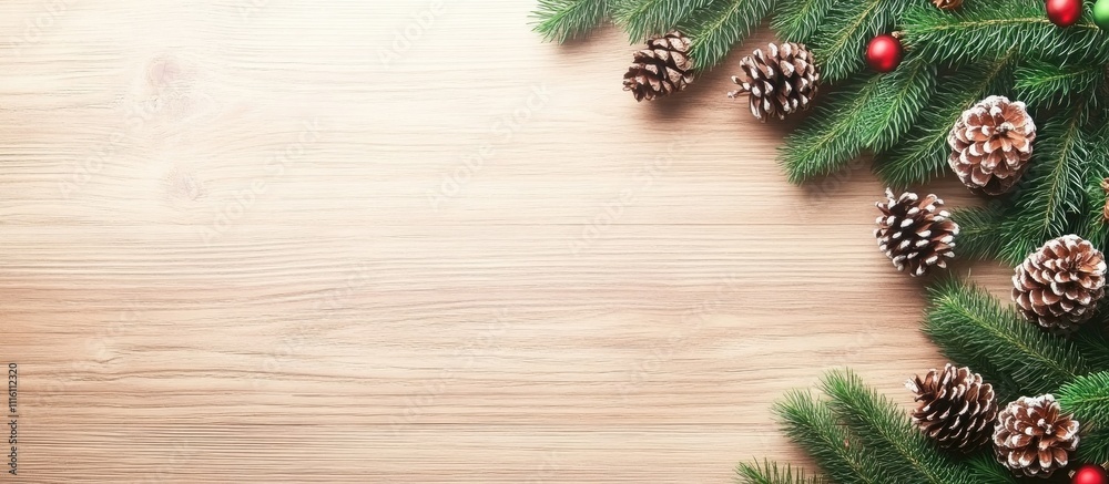 Poster rustic wooden table with evergreen pine branches and cones for festive holiday backdrop creating a c