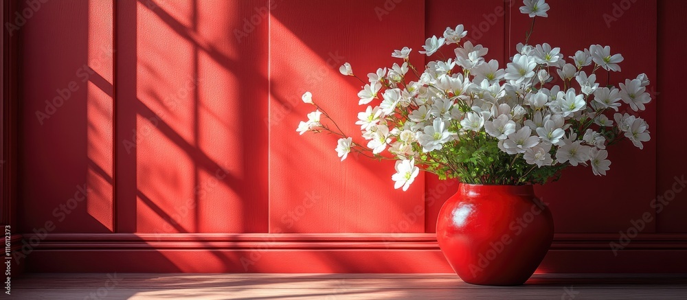 Aufkleber delicate white flower arrangement in a red vase against a soft rose backdrop creating a warm and inv