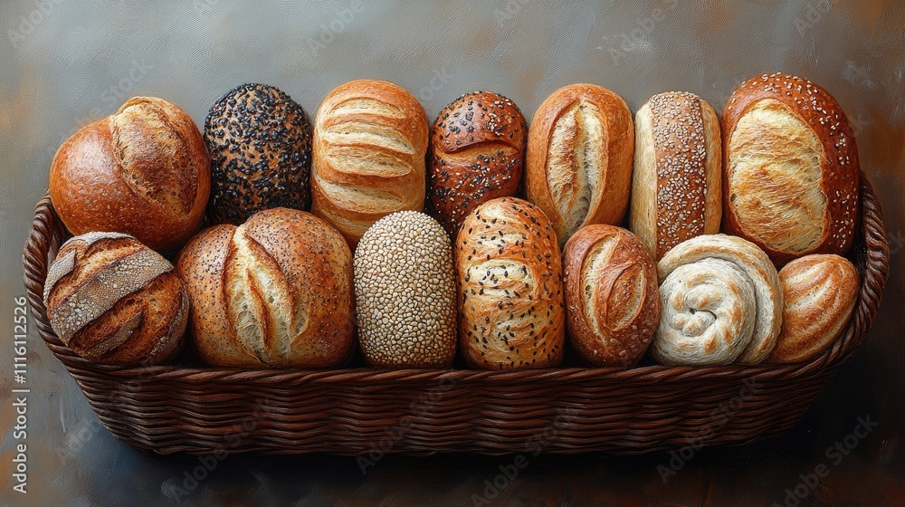 Poster birds eye view of a rustic basket overflowing with assorted artisanal breads including baguettes bag