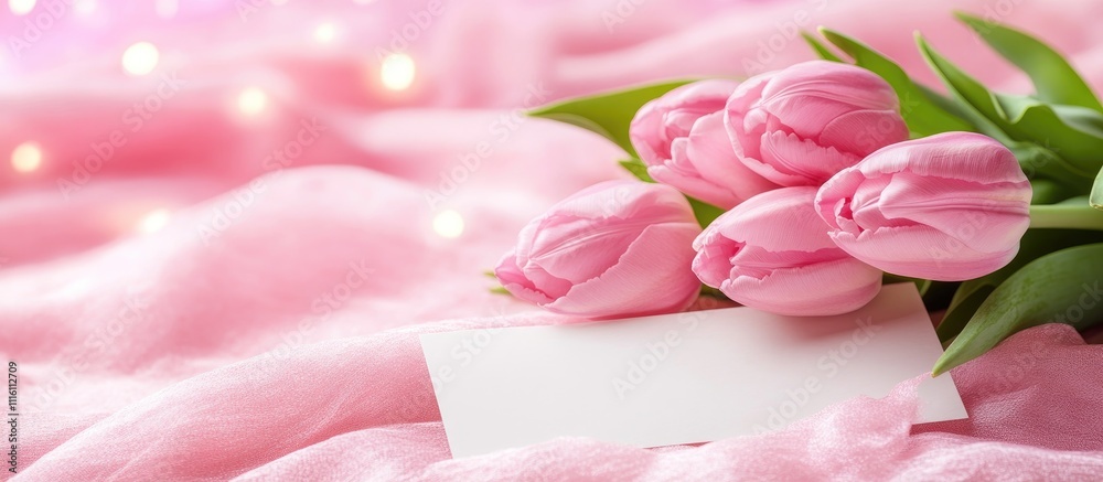 Poster elegant pink tulip bouquet on soft background with blank card for personalized messages and romantic