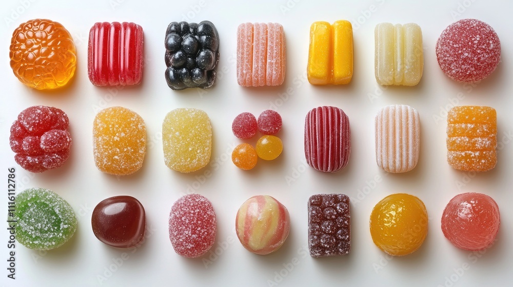 Poster Colorful assorted candies arranged neatly on a clean white background showcasing various shapes and textures ideal for confectionery themes.