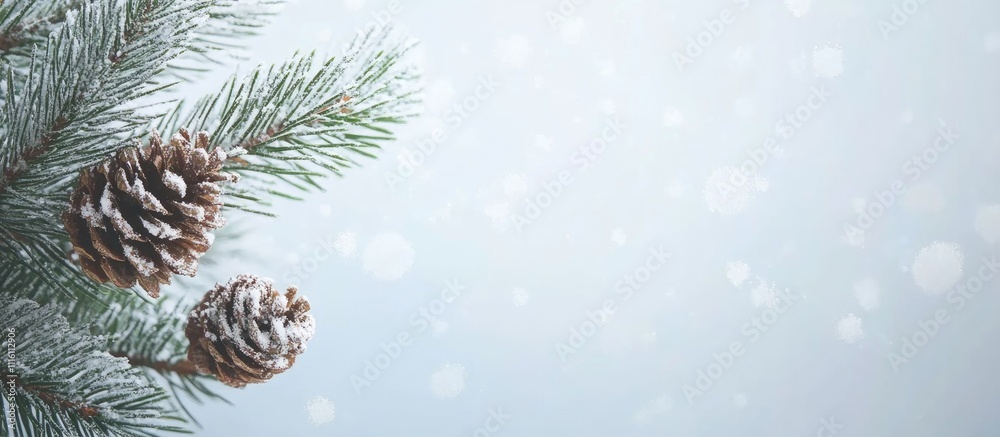 Poster evergreen branch with snow-covered pine cones on a soft blue background ideal for winter holiday des