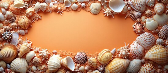 Obraz premium Seashell frame on orange background capturing summer memories and holiday themes in a vibrant coastal setting.