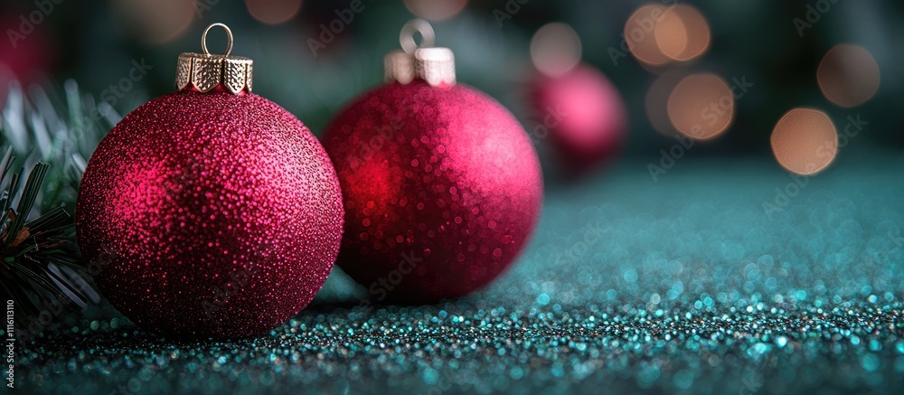 Poster red christmas baubles on a sparkling green glitter backdrop with soft bokeh lights creating a festiv