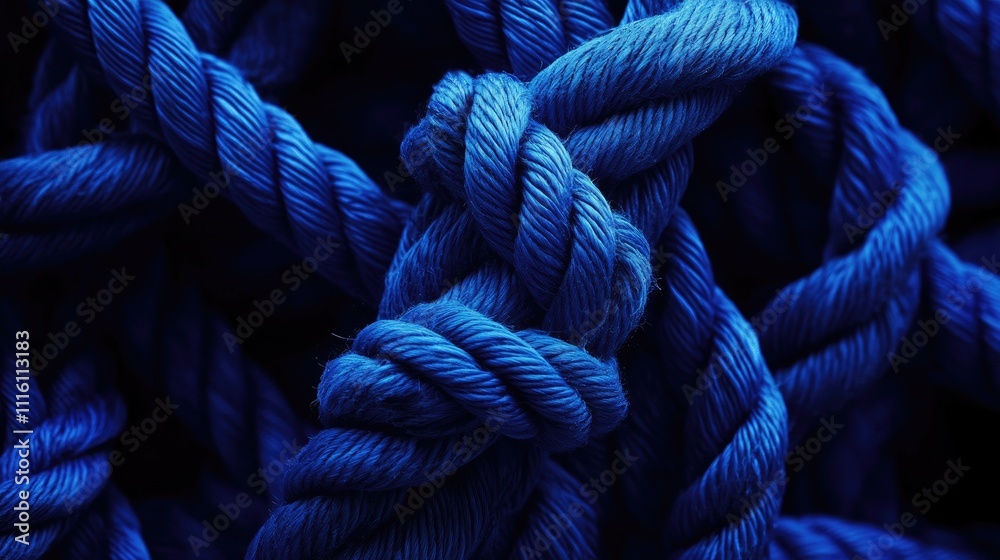 Poster close up image of intertwined blue nylon rope knots showcasing texture and detail in a dark backgrou