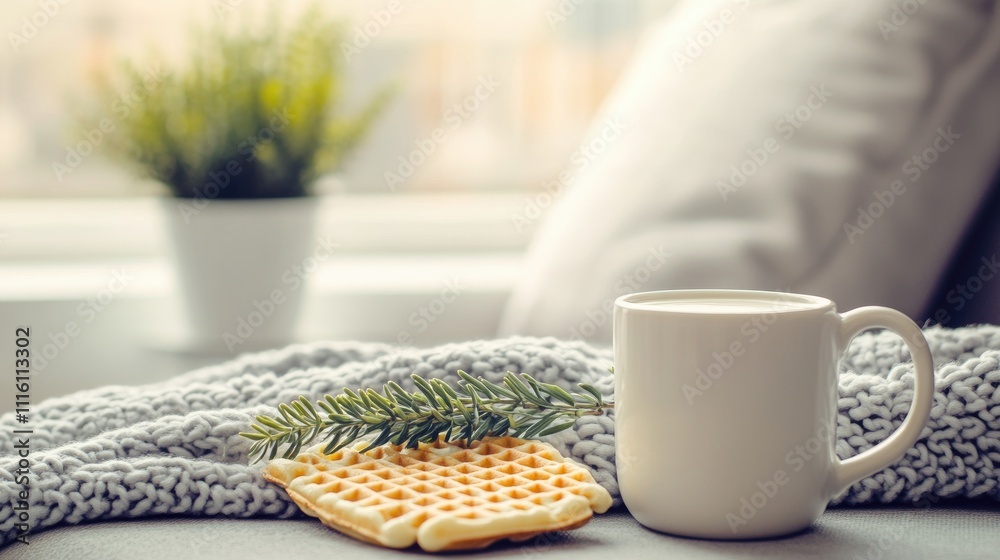 Poster cozy breakfast scene featuring a close-up of a waffle and a mug of milk with greenery in a softly bl