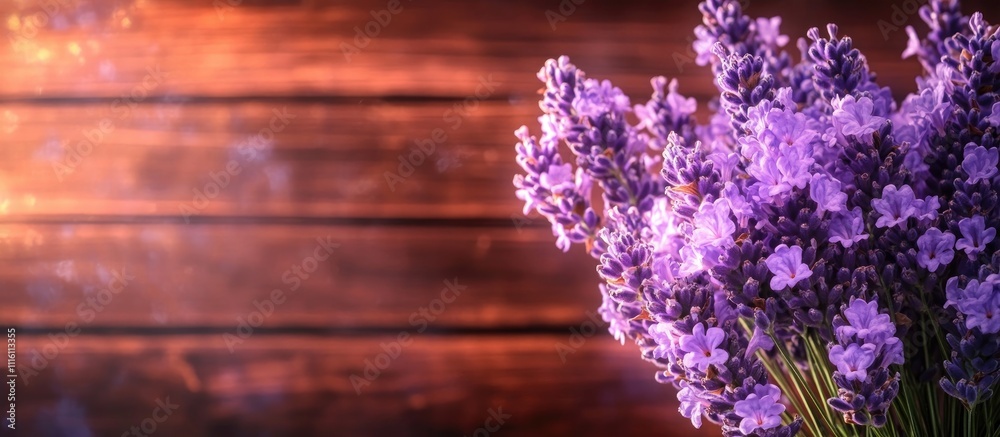 Aufkleber Lavender bouquet arranged on rustic wooden background creating a floral frame with soft light for serene and calming ambiance