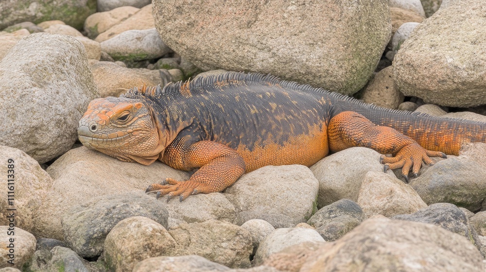 Poster iguana resting on rocky terrain with vibrant scales in natural habitat setting showcasing unique tex