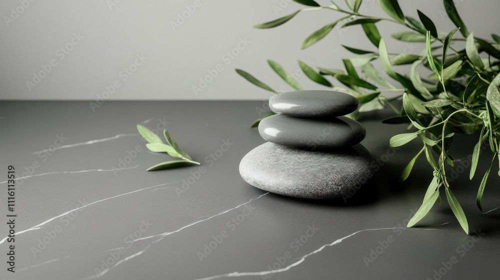 Poster elegant arrangement of smooth spa stones with lush greenery on a sophisticated grey marble surface f