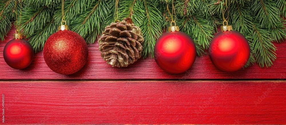 Poster festive christmas backdrop with red ornaments and pinecones on a rustic wooden surface adorned with 