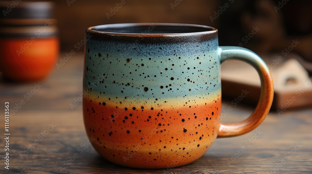 Poster handcrafted ceramic mug showcasing vibrant glaze patterns and textures on a wooden table background 