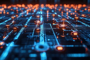 Obraz premium Abstract digital circuit board with glowing nodes and connections.