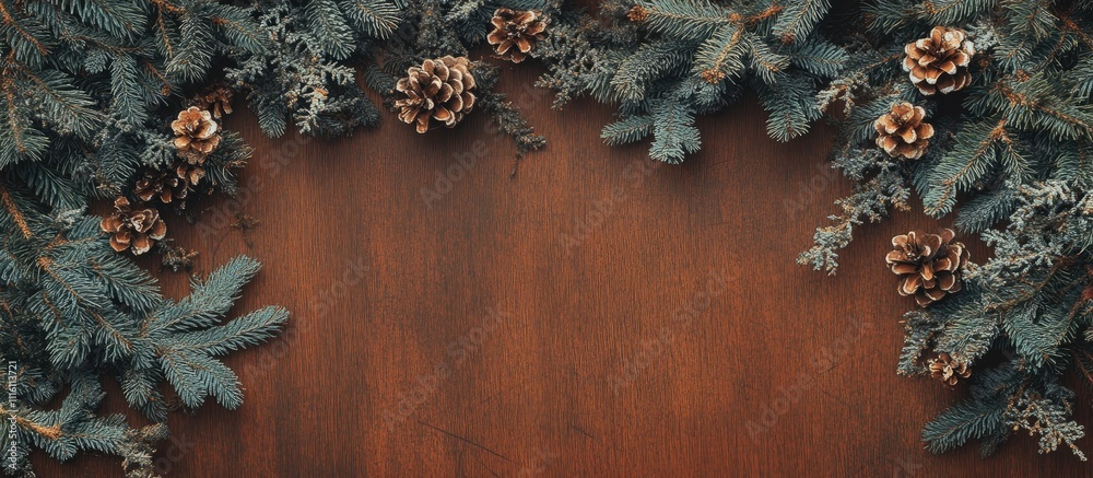 Poster Spruce and pine branches with pinecones on a wooden brown backdrop creating space for text mockup or seasonal designs