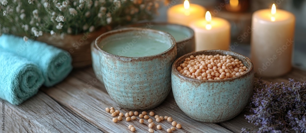 Poster serene spa setting with calming candles decorative elements and natural materials for relaxation and