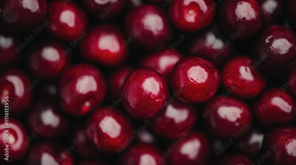 Poster Freshly harvested cherries arranged in a visually appealing close-up display showcasing their vibrant color and glossy texture.