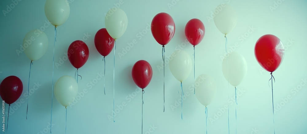 Poster colorful balloons in red and white floating against a minimalist pale backdrop creating a festive an