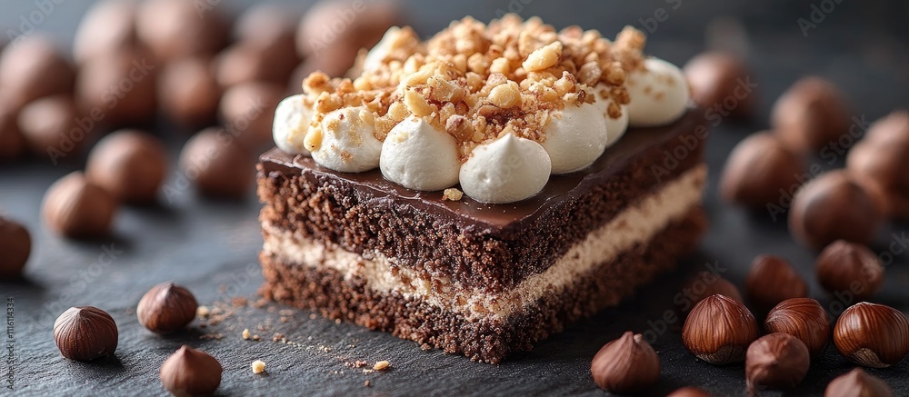 Poster Chocolate Meringue Cake with Hazelnuts Cream Topping and Crunchy Layer on Dark Background