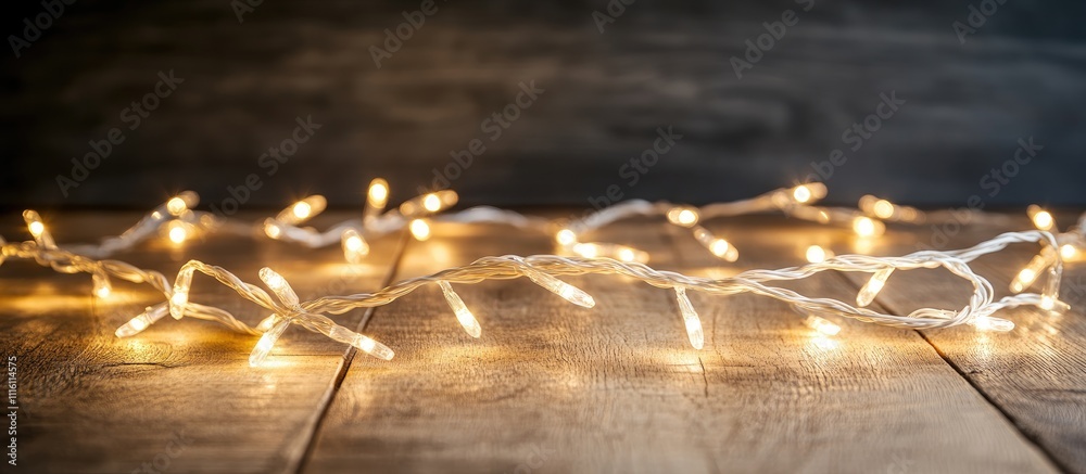 Poster Warm golden bokeh lights on a rustic wooden surface creating a festive backdrop for design and decoration projects