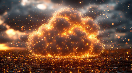 Naklejka premium glowing cloud with sparkling particles against dramatic sky, symbolizing innovation and technology. This captivating image evokes sense of wonder and creativity