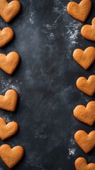 Obraz premium Heart shaped cookies arranged beautifully on dark surface with flour dust