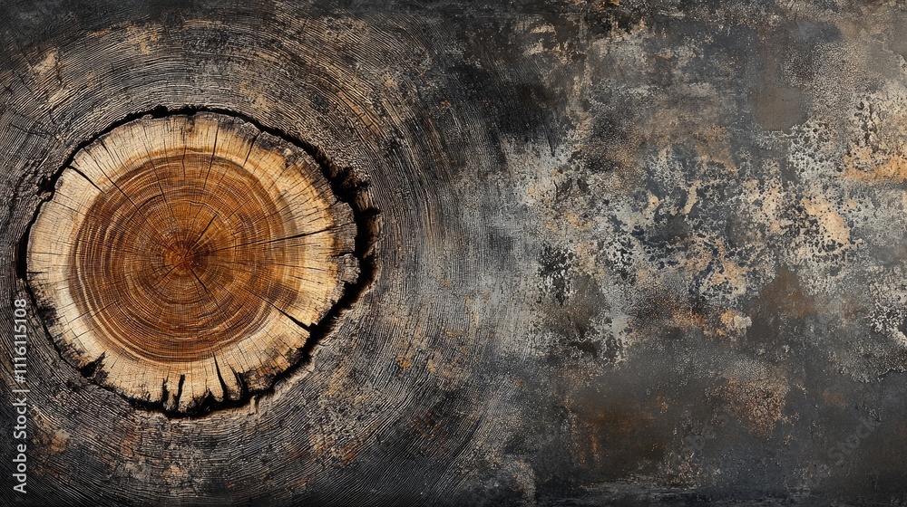 Poster close up of round larch timber edges showcasing natural wood grain texture against a textured dark b