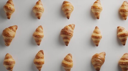 Fototapeta premium Pattern of freshly baked croissants arranged on a light background ideal for culinary or bakery related projects and advertising