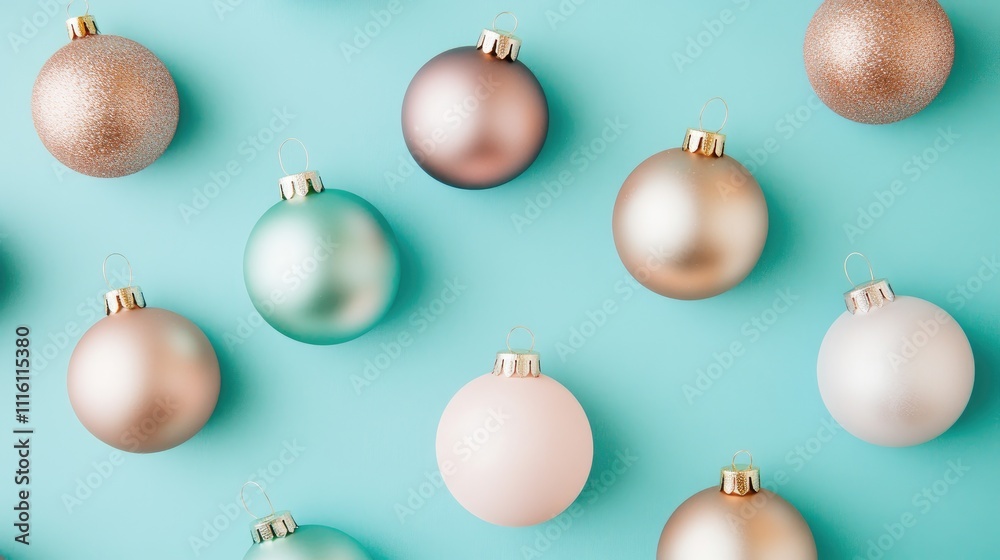 Poster elegant christmas ornaments in various colors arranged on a turquoise background creating a festive,