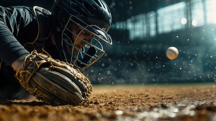 A determined catcher dives for a fastball in a dimly lit baseball field, showcasing the intensity and focus of the game.
