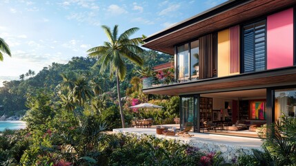 Fototapeta premium Modern Tropical Villa with Expansive Windows Surrounded by Lush Greenery and Vibrant Décor on a Beautiful Coastal Landscape